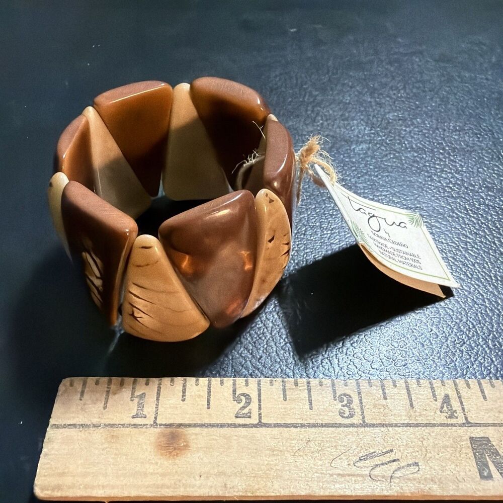 Tagua Nut Handmade Bracelet Wide Cuff Brown And Tan, Ecuador